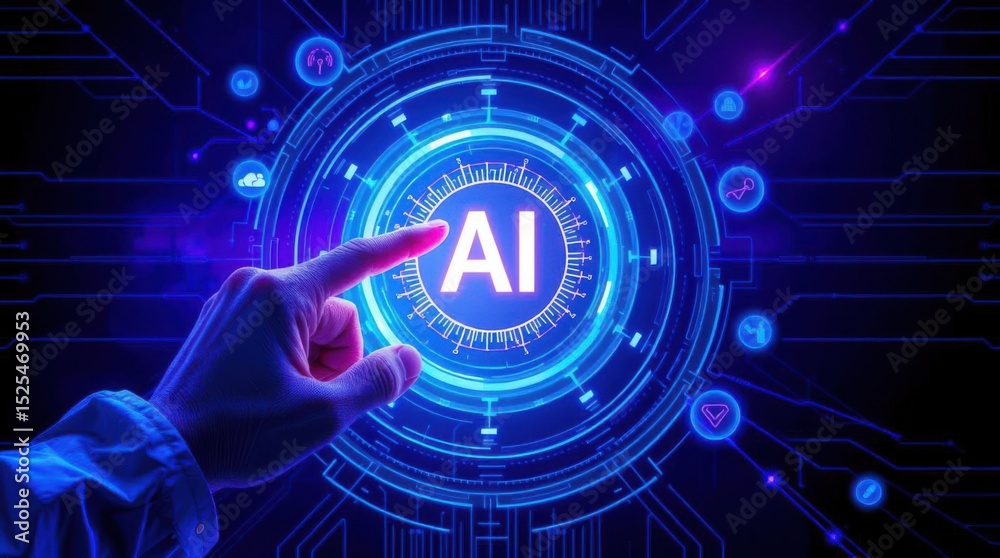 Fototapeta premium Artificial intelligence integration. Digital concept with a hand touching a glowing AI interface.
