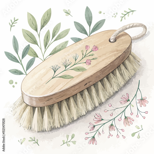 Illustrated wooden cleaning brush with a floral design, in natural wood and pink tones, representing eco-friendly cleaning