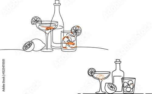 two arrangements of continuous line art depicting cocktails. Bottles, glasses with drinks, and lemons are rendered in a single flowing line. The style is minimalist and modern, suitable for bar menus 