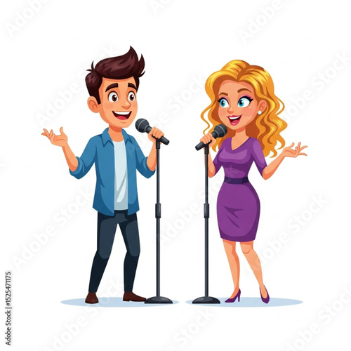Young Man and Woman Standup Comedians Performing on Stage Vector Illustration
