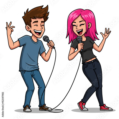 Young Man and Woman Standup Comedians Performing on Stage Vector Illustration