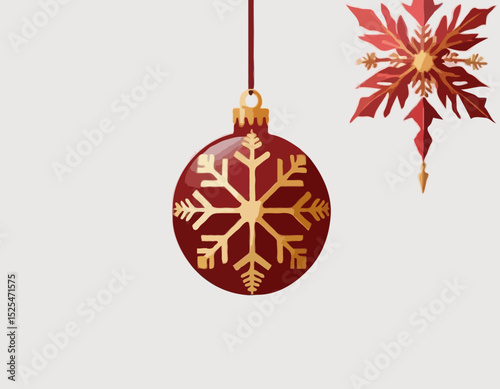 Luxury Red Christmas Ornament Ball with Golden Snowflake Pattern on Transparent Background