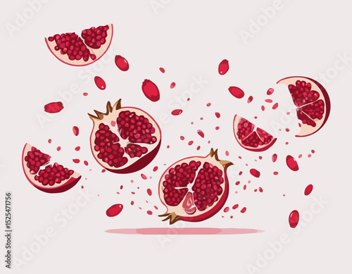 Fresh Pomegranates with half slices falling, flying in the air, isolated on transparent background, organic ripe pomegranate fruit