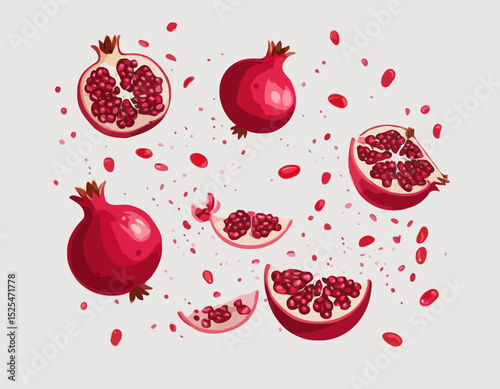 Fresh Pomegranates with half slices falling, flying in the air, isolated on transparent background, organic ripe pomegranate fruit