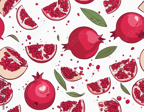 Fresh Pomegranates with half slices falling, flying in the air, isolated on transparent background, organic ripe pomegranate fruit