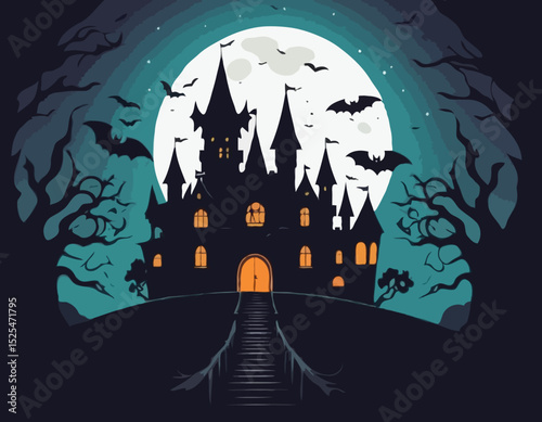 Halloween Castle Vector illustration, Spooky Haunted House with Full Moon and Bats