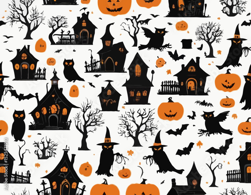 Collection of Spooky Halloween Vector Illustration Elements. Haunted house, creepy tree, flying witch, pumpkins, halloween ghost, owl, coffin lid etc