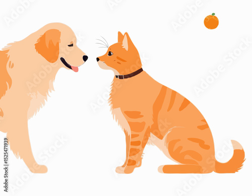 Portrait of a Hairy Golden Retriever Dog and Orange Tabby Cat, isolated on transparent background, showing friendship, friendliness between cat and dog See Less