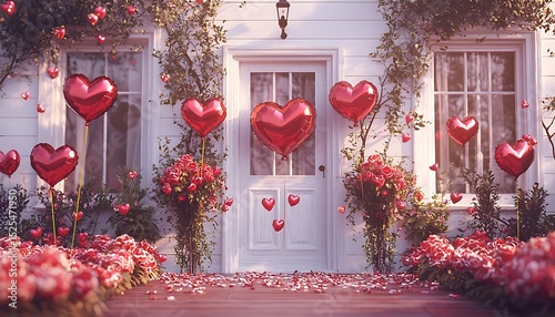 A house decorated with red heart shaped balloons and roses for valentine's day celebration