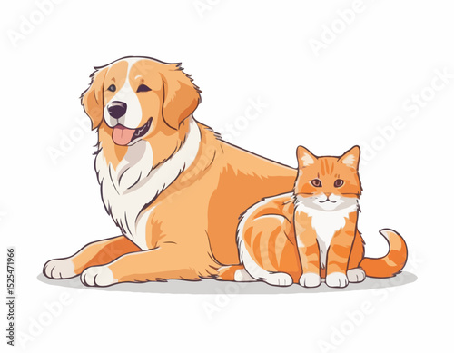 Portrait of a Hairy Golden Retriever Dog and Orange Tabby Cat, isolated on transparent background, showing friendship, friendliness between cat and dog See Less