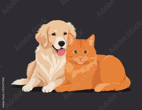 Portrait of a Hairy Golden Retriever Dog and Orange Tabby Cat, isolated on transparent background, showing friendship, friendliness between cat and dog See Less
