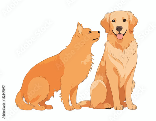Portrait of a Hairy Golden Retriever Dog and Orange Tabby Cat, isolated on transparent background, showing friendship, friendliness between cat and dog See Less