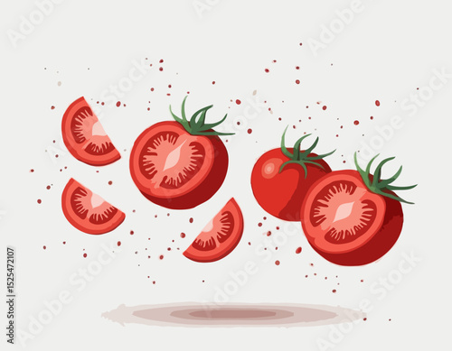 tomatoes with half slices falling, floating in the air, isolated on transparent background, Fresh organic tomato vegetable