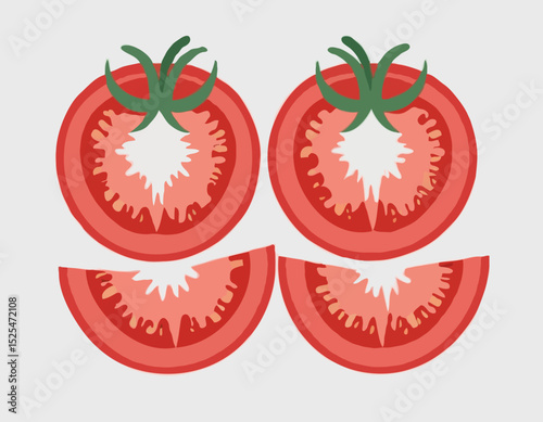 Fresh tomatoes with half slices, depicted juicy red flesh and seeds, isolated on transparent background, organic tomato vegetable