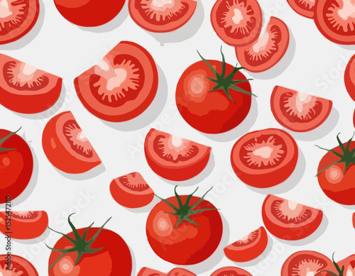 tomatoes with half slices falling, floating in the air, isolated on transparent background, Fresh organic tomato vegetable