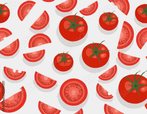 tomatoes with half slices falling, floating in the air, isolated on transparent background, Fresh organic tomato vegetable