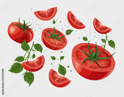 tomatoes with half slices falling, floating in the air, isolated on transparent background, Fresh organic tomato vegetable