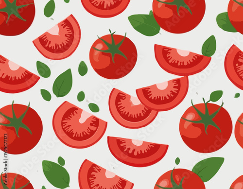tomatoes with half slices falling, floating in the air, isolated on transparent background, Fresh organic tomato vegetable