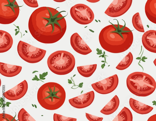 tomatoes with half slices falling, floating in the air, isolated on transparent background, Fresh organic tomato vegetable