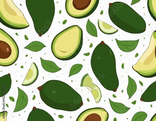 Avocados with half slices and green leaves falling, floating in the air, isolated on transparent background, Fresh organic Avocado fruit