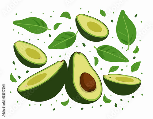Avocados with half slices and green leaves falling, floating in the air, isolated on transparent background, Fresh organic Avocado fruit