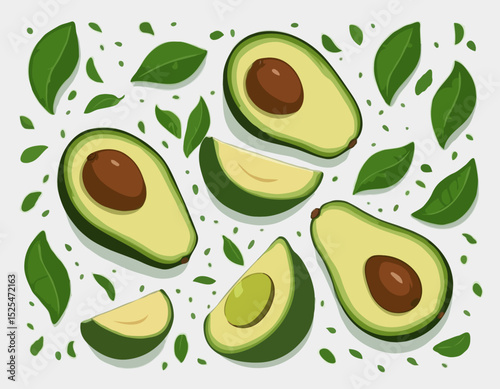 Avocados with half slices and green leaves falling, floating in the air, isolated on transparent background, Fresh organic Avocado fruit