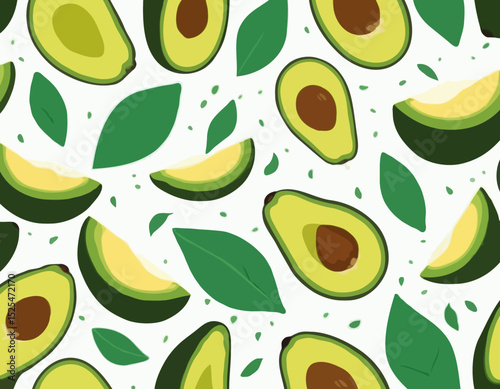 Avocados with half slices and green leaves falling, floating in the air, isolated on transparent background, Fresh organic Avocado fruit