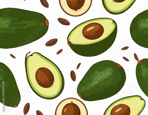 Green Avocados with half slices and a brown seed in the middle, isolated on transparent background, Fresh organic Avocado fruit