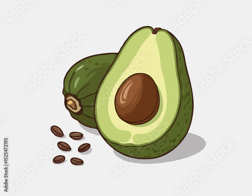 Green Avocados with half slices and a brown seed in the middle, isolated on transparent background, Fresh organic Avocado fruit
