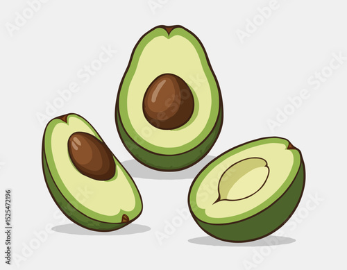 Green Avocados with half slices and a brown seed in the middle, isolated on transparent background, Fresh organic Avocado fruit