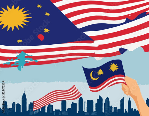 Malaysia independence day background with revolution hand and 3D wavy flag, kuala lumpur city skyline vector illustration