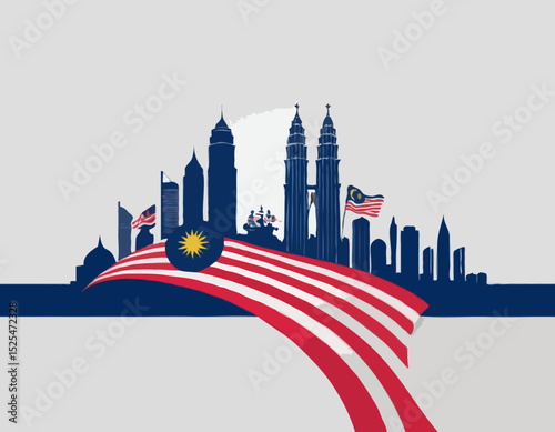 Malaysia independence day background with revolution hand and 3D wavy flag, kuala lumpur city skyline vector illustration