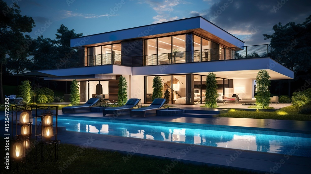 Obraz premium A photo of a modern house with a designer lighting
