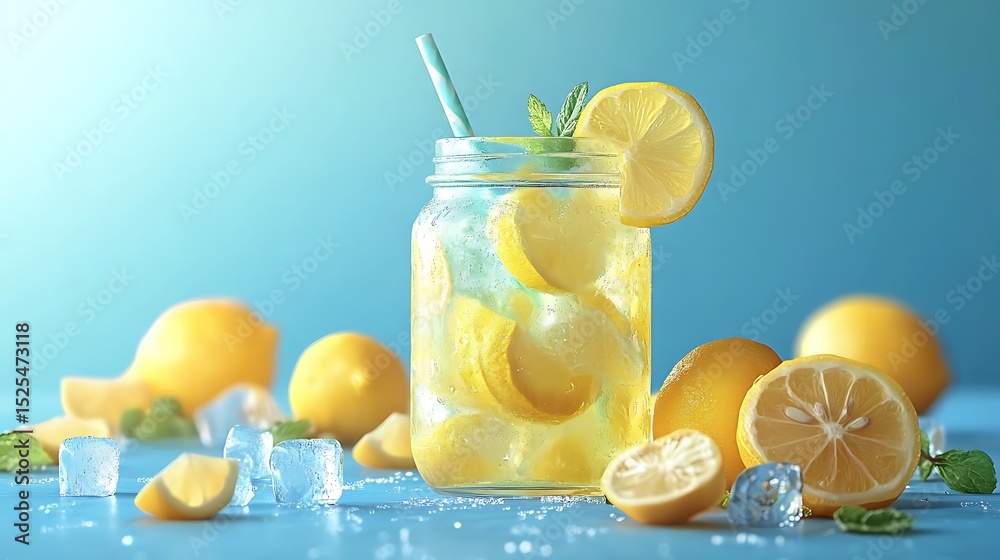 Fototapeta premium Vector flat design of a lemonade jar and glass, both filled with sliced lemons, mint, and ice cubes, surrounded by scattered citrus wedges and droplets. Soft gradient sky blue background.