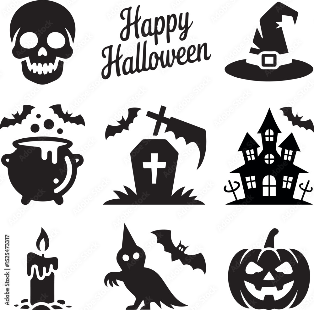 Obraz premium Black and White Halloween Icons and Symbols for Spooky Season Celebrations