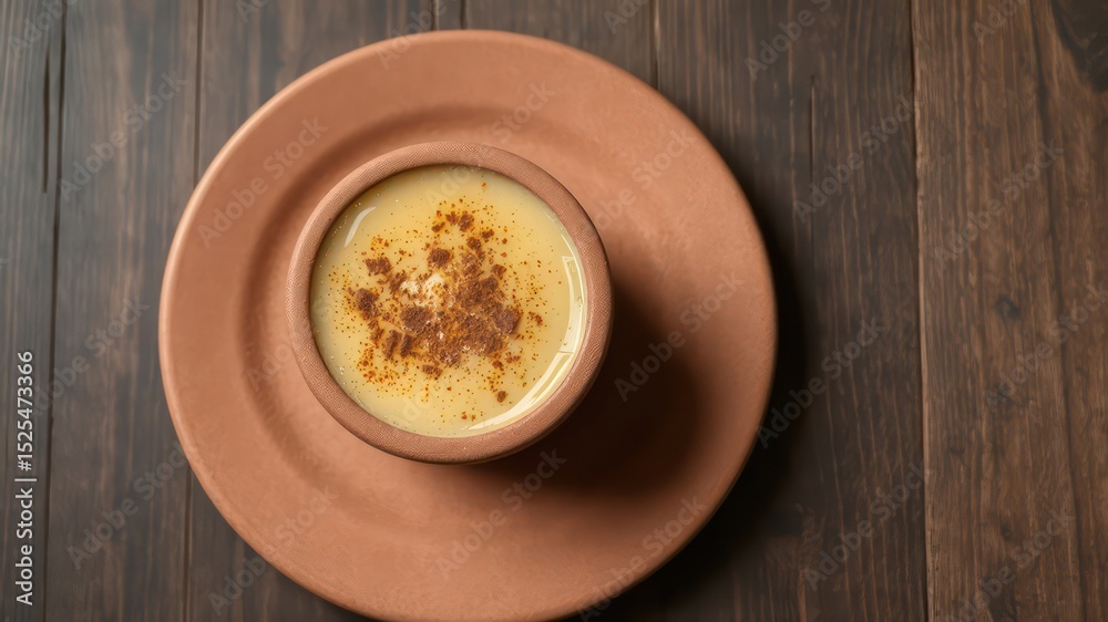 Custard dessert with cinnamon topping presented on a terracotta plate and dark brown rustic wood table Custard dessert with cinnamon topping presented on a terracotta plate and dark brown rustic wood table