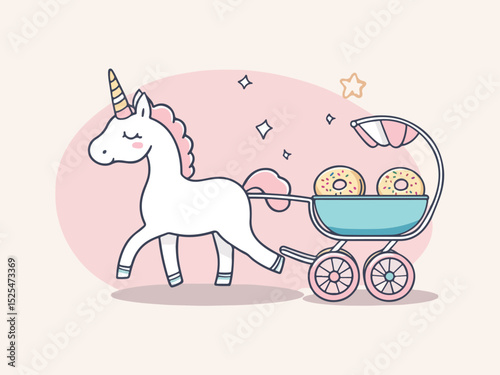 Cute Unicorn Pulling a Baby Carriage Filled with Delicious Donuts on a Pastel Pink Background for Children s Illustration and Design Projects