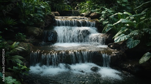 Serene cascading waterfall flows over dark rocks, nestled amidst lush, verdant tropical foliage in a tranquil garden setting