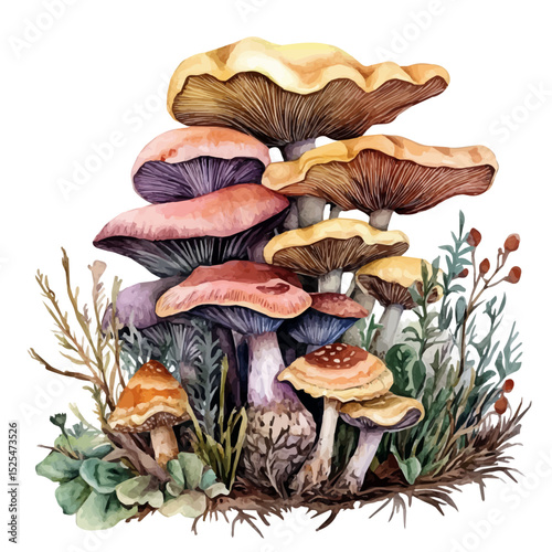 Wild Mushrooms Cluster Grow, watercolor drawing vector, high quality, isolated on a white background.