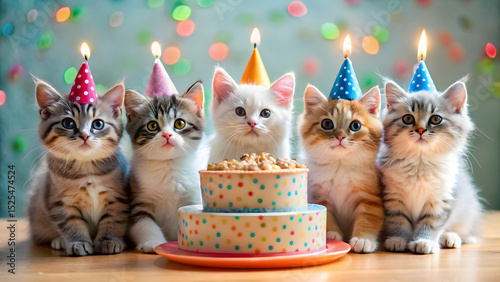 Five adorable kittens celebrate birthday party