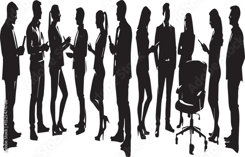 Silhouette illustration of business people in formal attire standing and talking, office communication and teamwork concept, corporate group interaction vector art