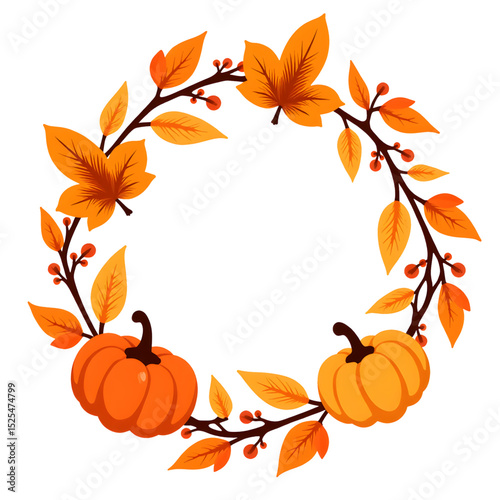 Autumn wreath with pumpkins and leaves in vibrant orange colors  