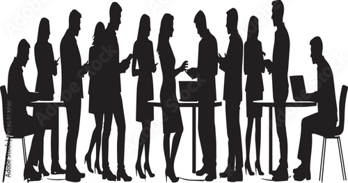 Silhouette illustration of business people in formal attire standing and talking, office communication and teamwork concept, corporate group interaction vector art