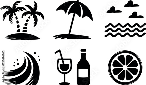  a collection of simple black silhouette icons related to summer and beach themes. The set includes graphics like palm trees, a beach umbrella, and waves.