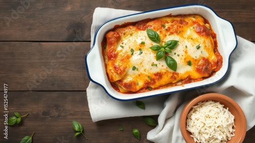 Baked lasagna in a dish presented on a wooden table, accompanied by a bowl of grated cheese and fresh basil leaves