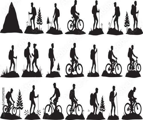 Silhouettes of Hikers and Cyclists Exploring Nature with Backpacks and Walking Sticks
