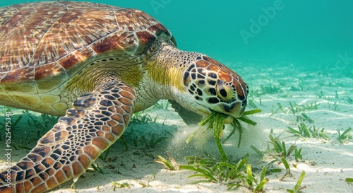 Sea turtle grazing on seagrass underwater