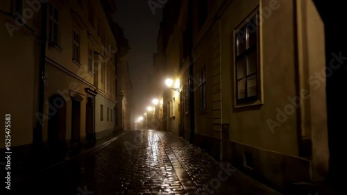  night to dawn on a wet, historic cobblestone street in an old European city. Warm streetlights reflect on the deserted alley, creating a mysterious and peaceful atmosphere.