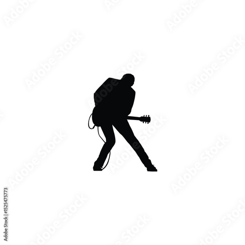 Electric guitar player performing on stage with blue guitar and amplifier silhouette