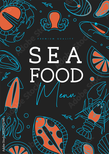 Restaurant line art seafood menu design with crab, rapana, starfish, octopus, lobster, oyster and shrimps. Vector illustration